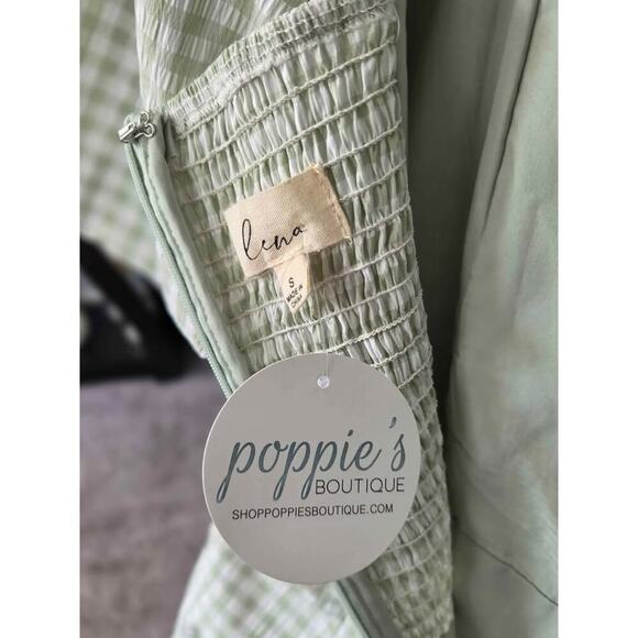 Lena Green Gingham Puff Sleeve Romper Square Neck One Piece Outfit NWT L - Picture 7 of 8